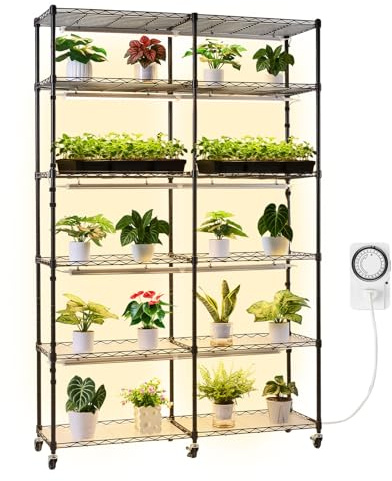 VEVOR Soporte para Plantas con Luz de Cultivo 6 Niveles Doble Fila 180 cm 200 W, Estante para Plantas con Ruedas, Temporizador Mecánico, para Crecimiento de Planta, Macetas, 1200 x 350 x 1800 mm