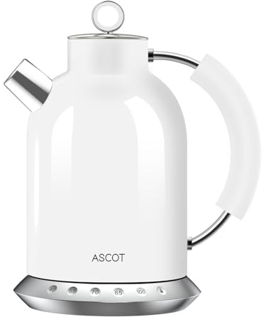 ASCOT Wasserkocher Edelstahl mit 5 variablen Voreinstellungen, elektrischer Teekessel Kaffee Wasserkocher, 30Mins warm halten, 2200 Watt Schnellheizung, 1.5L (Weiß)