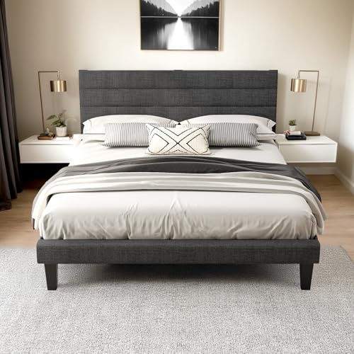 LEADZM Lit 2 Personnes 160×200cm, Cadre de lit avec sommier à Lattes et Tête de Lit Réglable en Hauteur Rembourrée Lin Gris