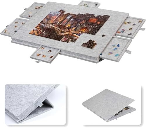 Tablero de Rompecabezas inclinable,77x54cm Mesa para Rompecabezas Adulto | con Tapa y 6 Cajones,Organizador de Rompecabezas 1000 Piezas con Superficie de Fieltro Antideslizante,Gris