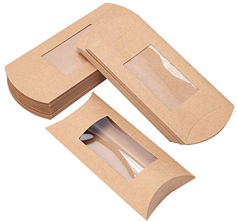 BENECREAT 30PCS Cajas de Papel Kraft Marrón en Forma de Almohada 13.5x7.8x2.5cm con Ventana Transparente Caja de Embalaje de Dulces, Caja de Regalo, Cumpleaños