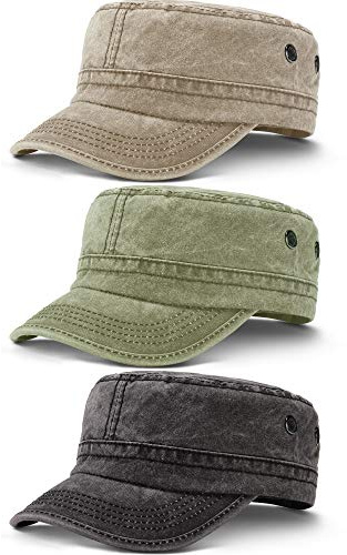 Geyoga 3 Pieces Cadet Army Caps for Men Military Style Hat for Flat Top Caps Adjustable Cotton Hat Unisex(Khaki, Army Green, Black)