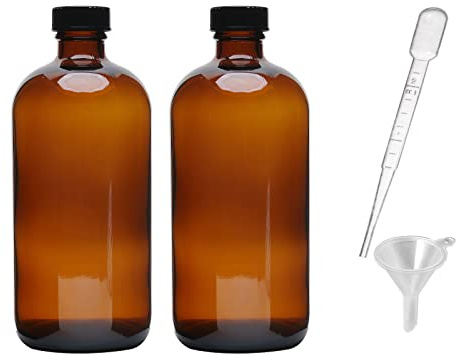 2pcs 16oz Amber Glass Boston Round Bottles with Air Tight Seal Phenolic Poly Cone Caps.Perfect Glass Containers for Secondary Fermentation,Storing condiment,Homemade Essential Oils,plant,kitchen