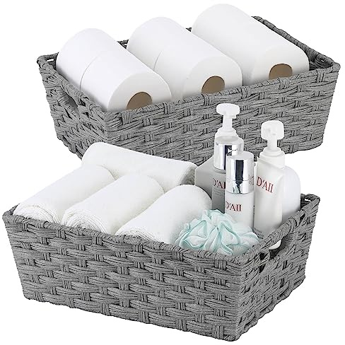 Onlytak Large Wicker Storage Basket, Metal Frame, Set of 2, Washable Waterproof, 15 x 10.3 x 5.2, Grey Color, Woven Basket for Pantry, Toilet, Bathroom, Bedroom, Patio