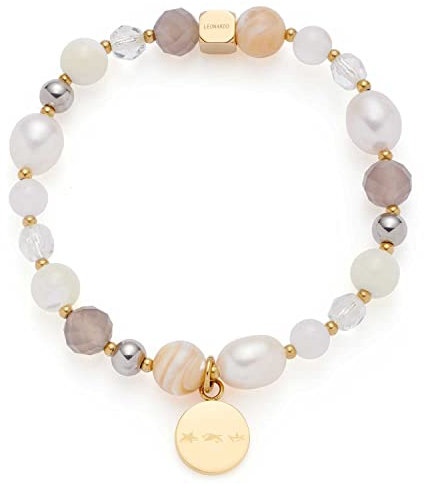 JEWELS BY LEONARDO Armband Hope • elastische Arm-Kette aus goldfarbenem Edelstahl • Perlen Arm-Schmuck mit Anhänger, Süßwaser-, Achat- und Muschel-Perlen • 20,5 cm Länge • Geschenk Damen • 022633