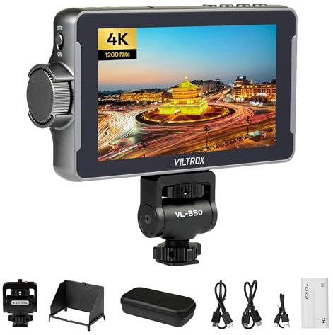 VILTROX DC-550 PRO Monitor Video Touchscreen da 5,5'' per Fotocamera, 1200nits Full HD 1920x1080, HDMI 4K In/Out, con Batteria, LUT 3D, Paraluce e Controllo Touch/Rotella