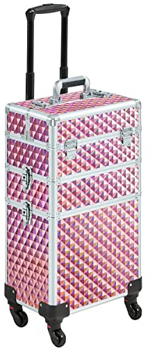 Yaheetech Rolling Makeup Train Case 3 in 1 Makeup Trolley Professional Cosmetic Case with Large Storage & 360° Wheels Hairdressing Beauty Case, Pink