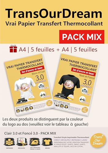 TransOurDream Transferpapier für Textilien 3.0 - Pack Mix (5 Blatt für hell + 5 Blatt für dunkel), HTV Vinyl, Tintenstrahl- & Laserdrucker, nicht Spiegeldruck FR-PACKMIX-3.0-5-5