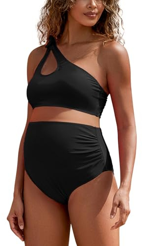 DEBELLY Maternity Swimsuit Cutout One Shoulder Bikini Set 2 Piece Bathing Suits with Adjustable Tie and High Waist Bottom,Black,S
