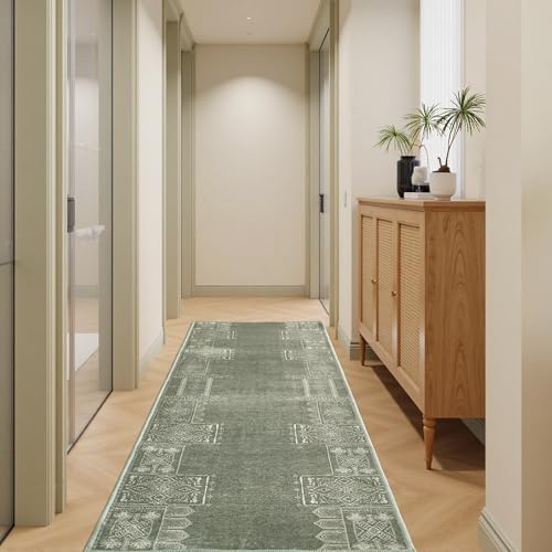NICETOWN Sage Green Kitchen Runner Rug, 2x8 Hallway Carpet, Ultra-Thin Foldable Runner Rug Green Boho Coverings for Entryway Laundry Bedroom