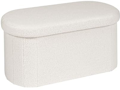 Bonlife Folding Ottoman Storage Bench,Boucle Footstool Oval, End of Bed Stool, Ideal for Living Room, Bedroom,76x38x38cm,White