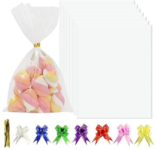 7 stycken transparent presentpapper, transparent presentpapper, presentpapper med 7 stycken bågar, cellofanpåsar för gåvor, blommor, korgar