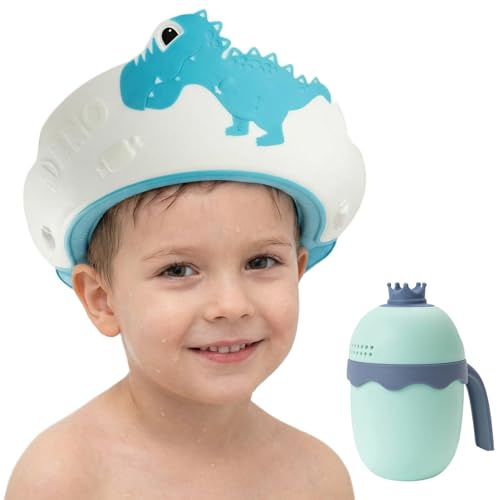 MOSIERRY Duschhaube Kinder mit Haarwaschbecher, Haarwaschhilfe Kinder Duschhaube Baby Haare Waschen Kinderschutz,Dinosaurier Blau