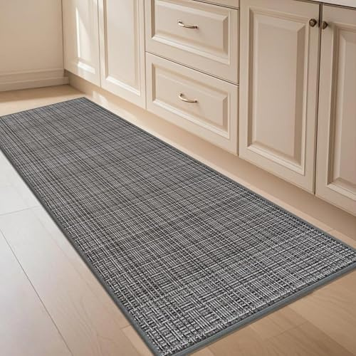 KMVIZI Tapis Cuisine Devant Evier 45x150cm, Jute Tapis de Passage, Tapis Couloir Antidérapant et Lavable Dos en Caoutchouc, pour Couloir, Buanderie, Salle de Bains, Gris Clair