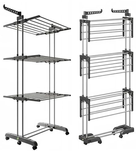 Tendedero Vertical Plegable de 4 Niveles – Base Plegable, 6 Bandejas Ajustables, Ruedas 360°, 2 Soportes y 10 Perchas – Acero al Carbón Inoxidable, 50 kg – Gris – CAMBURVERDON®