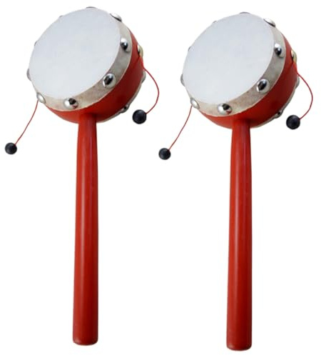 HONMEET Lot De 2 Clochettes à Main En Bois 7 Cm Peintes Blanc, Tambour à Peau De Mouton Double Face, Jouet Musical Pour Bébé Stimulation Auditive Et Motricité Fine