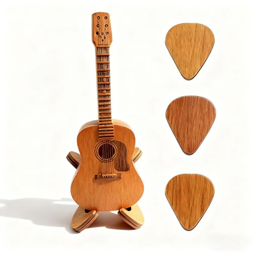 Wooden Guitar Pick Box with Stand - Engraved Design, 3 Pcs Unique Picks, Gift for Guitarists, Musicians & Acoustic/Electric Guitar Bass Ukulele Lovers