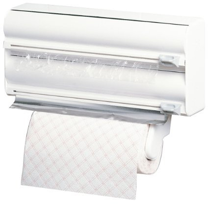 Rayen - Porte-Rouleaux de Cuisine avec 3 Supports, Montage mural, Fonction de Coupe pour Film Alimentaire et Aluminium, Gain de Place, Dimensions : 38x10x25,5 cm, Couleur Blanche