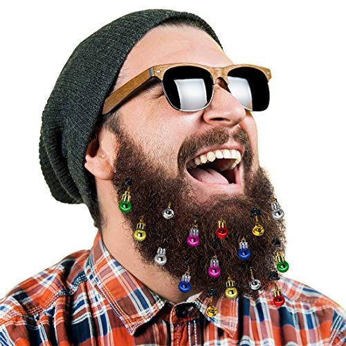 DecoTiny Kit 20 Adornos para la Barba formado por 16 cascabeles y 4 Luces con Aspecto de Bolas de Navidad. Un Regalo Genial para Navidad y Año Nuevo. (16 Ornaments)