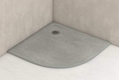 Bricodomo Plato Ducha Antideslizante Semicircular 90x90cm - Resina Resistente a Agentes Químicos - Textura Pizarra Antibacteriano - Incluye Válvula Sifón Plato Ducha - Color Gris