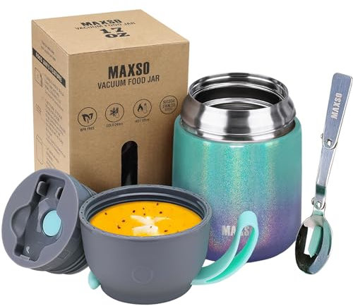 LOGEEYAR Boîtes Alimentaires Isothermes, Boîte Isotherme Repas Chaud Porte-Aliments en Acier Inoxydable à Double Couche, Thermoisolant Boîte avec Cuillère Pliante pour Ecole, Bureau, 500ml Multicolore