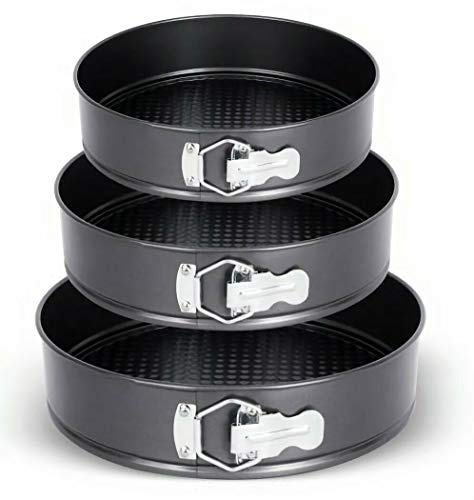plastific Pack of 3 Non-Stick Springform Round Cake Tins for Baking 22cm, 24cm & 26cm (Black - Set of 3 Round Tin)
