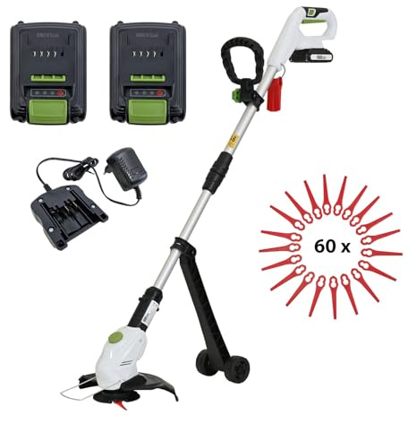 TRUTZHOLM Akku Rasentrimmer inkl. 2X 20 V 2,0 Ah Akku & Ladegerät Schnittkreis 26 cm 2in1 Trimmer & Kantenschneider mit Schutzhaube Kantenschutzbügel Führungsrädern Motorsense inkl. 60x Ersatzmesser