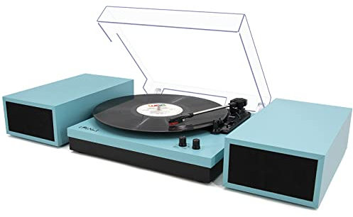 LP&No.1 Tocadiscos de vinilo Bluetooth con altavoces externos, tocadiscos de 3 velocidades para álbumes de vinilo con apagado automático y entrada Bluetooth, cuero azul
