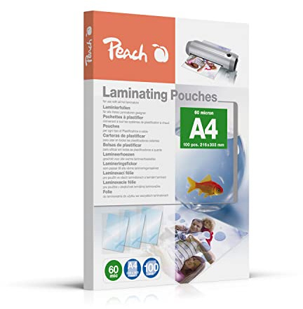 Peach Pellicole plastificatrici A4 – 60 mic – 100 pouches – Lucide – Qualità premium per i migliori risultati di laminazione – Compatibile con dispositivi di tutti i produttori – PP560-02