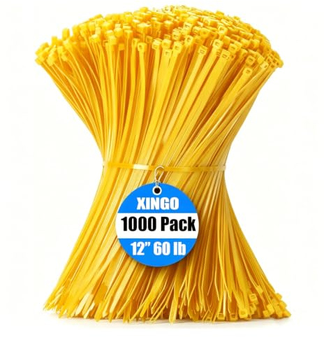 XINGO Yellow Cable Ties Pack of 1000, 300mm x 4.8mm, Premium Nylon Durable Zip Ties, Self-Locking UV Resistant Nylon Plastic Wire Ties for Indoor and Outdoor