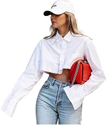 Women Cropped Button Down Shirts Loose Long Sleeve Turn Down Collar Aesthetic Blouse Tee Tops (A White Irregular Hem, M)