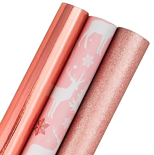 Holijolly julpappersrulle – minirulle – ren/roséguld metalliskt papper/guld glitterpapper för presentpapper, gör-det-själv-pysselarbete – 43,2 cm × 305 cm – 3 rullar (42,5 kvadratmeter)