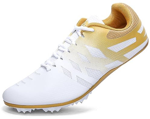 New Track and Field Shoes for Men Women Kids Boys Girls 8 Spikes 100-400 Meter Running Racing Shoes Professional Sprint Sport Sneakers White Gold