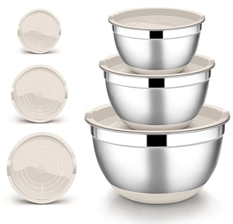 Joyfair Juego de 3 cuencos para mezclar, acero inoxidable con tapa hermética y base antideslizante, ensaladera para cocina/hornear/cocinar/preparar, apto para lavavajillas – 4,6 l, 2,8 l, 1,2 l