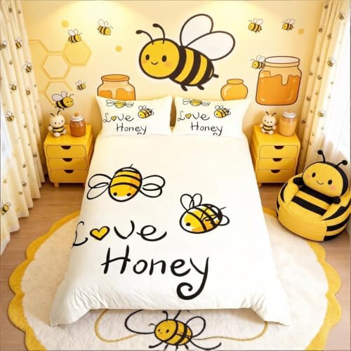 Loussiesd Love Honey Bedding Set Double Cute Bees Duvet Cover Beehive for Children Kids Boys Girls Comforter Cover Honeycomb Bright Vibrant Microfiber Bedspread Cover Bedclothes White Yellow