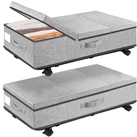 2 Piezas Caja almacenaje ropa debajo de la Cama, Caja Bajo Cama con Ruedas y Tapa, Metálico Almacenaje Bajo Cama Plegable Cajas almacenaje de Gran Capacidad con Asa Reforzada para Mantas, Ropa, Gris