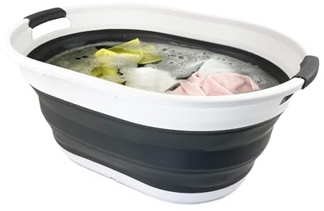 SAMMART Collapsible Plastic Oval Laundry Basket - Foldable Pop Up Storage Container/Organizer - Portable Washing Tub - Space Saving Hamper/Basket (White/Steel Grey, 39L)