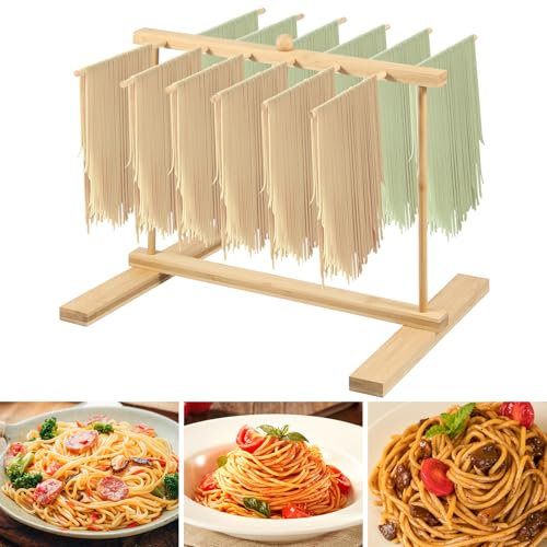 Jokapy Bamboo Pasta Drying Rack, 12 Rods, Wooden, Detachable, Transfer Wand Included