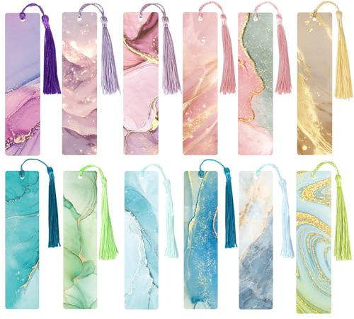 BETESSIN Ästhetische Lesezeichen Papier - 12x Marmorierung Mustern - Geschenk Tags mit Quasten - Blanko Lesezeichen zum Basteln & Beschriften