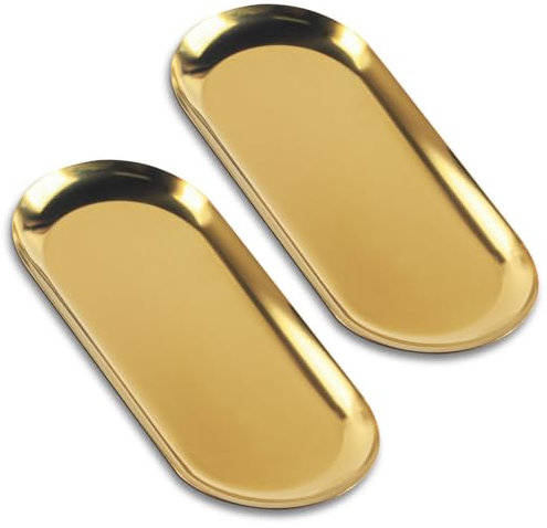 Tablett Gold, 2 STK Serviertablett, Goldene Dekotablett, Deko Tablett Gold, Ovale Schmuck Tablett, Ablageschale, Dekoschale Edelstahl, Schmuckschale für Kosmetik Obst Dessert Kerzen, 30x12 cm