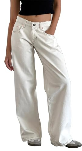 SANSIWU Women Straight Wide Leg Jeans Low Waist Baggy Straight Leg Boyfriend Jeans Y2K Relaxed Fit Pants Streetwear (A-White, S)