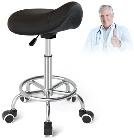 Sgabello da sella per cavallo anti-mal di schiena, sgabello ergonomico con ruote, sgabello estetico regolabile in altezza da 46 a 59 cm, sgabello con ruote imbottite per dentista (nero)