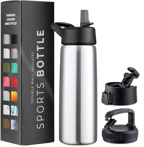 750ml Stainless Steel Insulated Water Bottle - Triple Walled, Leakproof - 3 Lids (Straw, Flip Top, Wide Mouth) - Keeps Drinks Hot 12H/Cold 24H - Gym, Travel, Hiking, School (Brushed Stainless Steel)