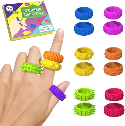 Felly 12 Pièces Fidget Sensoriels Rings, Jouets Anti-Stress pour Autisme et ADHD, Anneau Extensibles en Silicone, Soulager Anxiété et Stress, Anneau de Décompression pour Enfants Adolescents Adultes