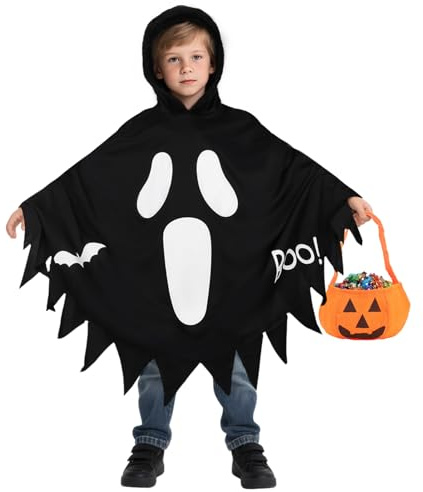 Costume fantôme pour enfants avec cape lumineuse, costume d'Halloween pour enfants fantôme noir avec capuche et sac citrouille,visage fantôme Boo Costumes fantômes Halloween carnaval cosplay 8-12 ans