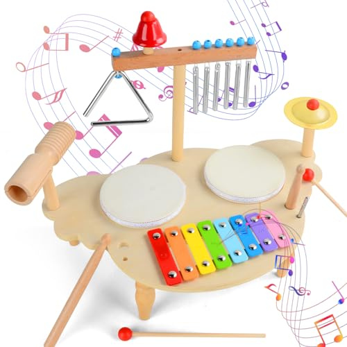 Tamburo Bambino in Legno, 7 in 1 Set Strumenti Musicali per Bambini con Xilofono, Batteria Giocattolo Montessori, Giochi Legno Regalo per Bambina e Bambino 3 4 5 Anni