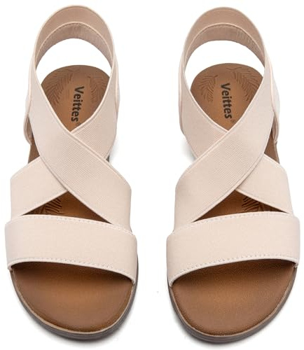 Veittes Women's Flat Slide Sandals - Fashionable Elastic Ankle Strap, Comfort Soft Sole Summer Casual Sandals.(AM/MF,Size 9)