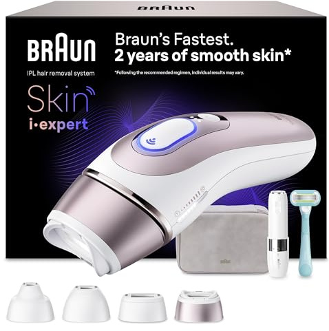 Braun Skin I·Expert Epilatore Luce Pulsata Smart, Epilazione Laser Peli Donna a Casa, Riduzione Permanente Peli, App Gratuita, Pochette, Mini Depilatore Viso, Rasoio Gillette Venus, 4 Testine, Pl7432