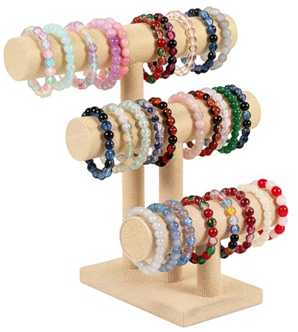 Bqkroa 30 cm 3 étages en forme de T : support de bracelet en flanelle et bois renforcé, amovible, vintage, support de montres, pour la présentation et l'organisation de bijoux à la maison