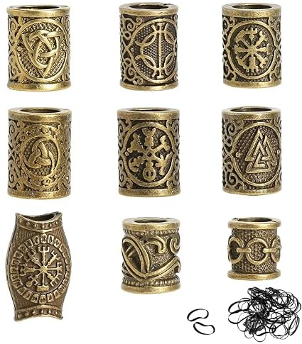 9 st viking hårpärlor set, flätor dreadlocks smycken, skäggpärlor män | 9 stilar brons skäggpärlor, hårpärlor med skägggummi, för män kvinnor flätor dreadlocks hårsmycken tillverkning, hål: 6–7 mm